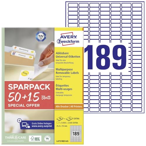 Étiquettes universelles autocollants blancs amovibles 25,4 x 10 mm A4 L4731REV