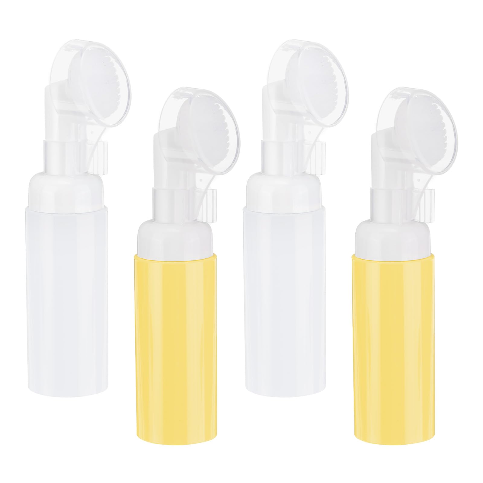 uxcell 4Pcs Empty Foaming Soap Dispenser, 2oz / 60ml Facial Cleanser Foam Bottle with Brush for Hand Soap, Shampoo, Shower Gel, White/Yellow