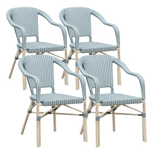 Image of PURPLE LEAF French Rattan Bistro Chairs Set of 4, White Finish, Light Blue