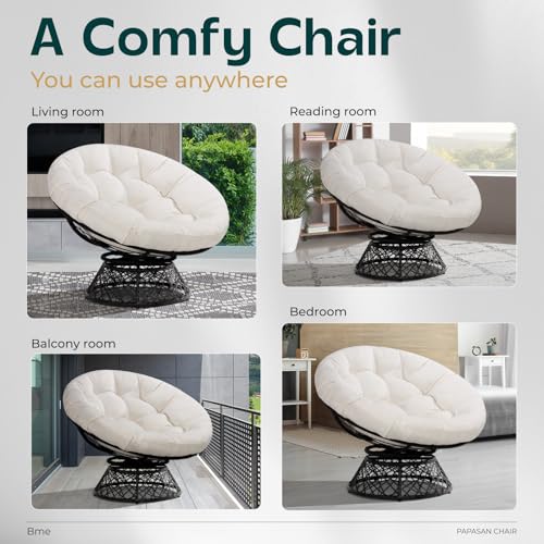 Image of Bme Ergonomic Wicker Papasan Chair with Soft Thick Density Fabric Cushion, High Capacity Steel Frame, 360 Degree Swivel for Living, Bedroom, Reading Room, Lounge, Arctic Snow - Black Base