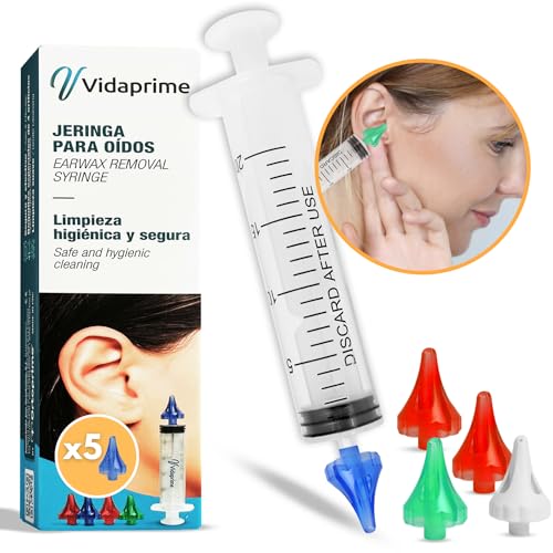 Vidaprime Jeringa Lavado Oídos PROFESIONAL Limpiador de Oídos Cera - Jeringa Oídos Tapones x5 Boquillas Quad-Stream CONFORT INCLUIDAS Jeringuilla Tapones de Oidos Ear Cleaning Kit - QUITAR CERA OÍDOS