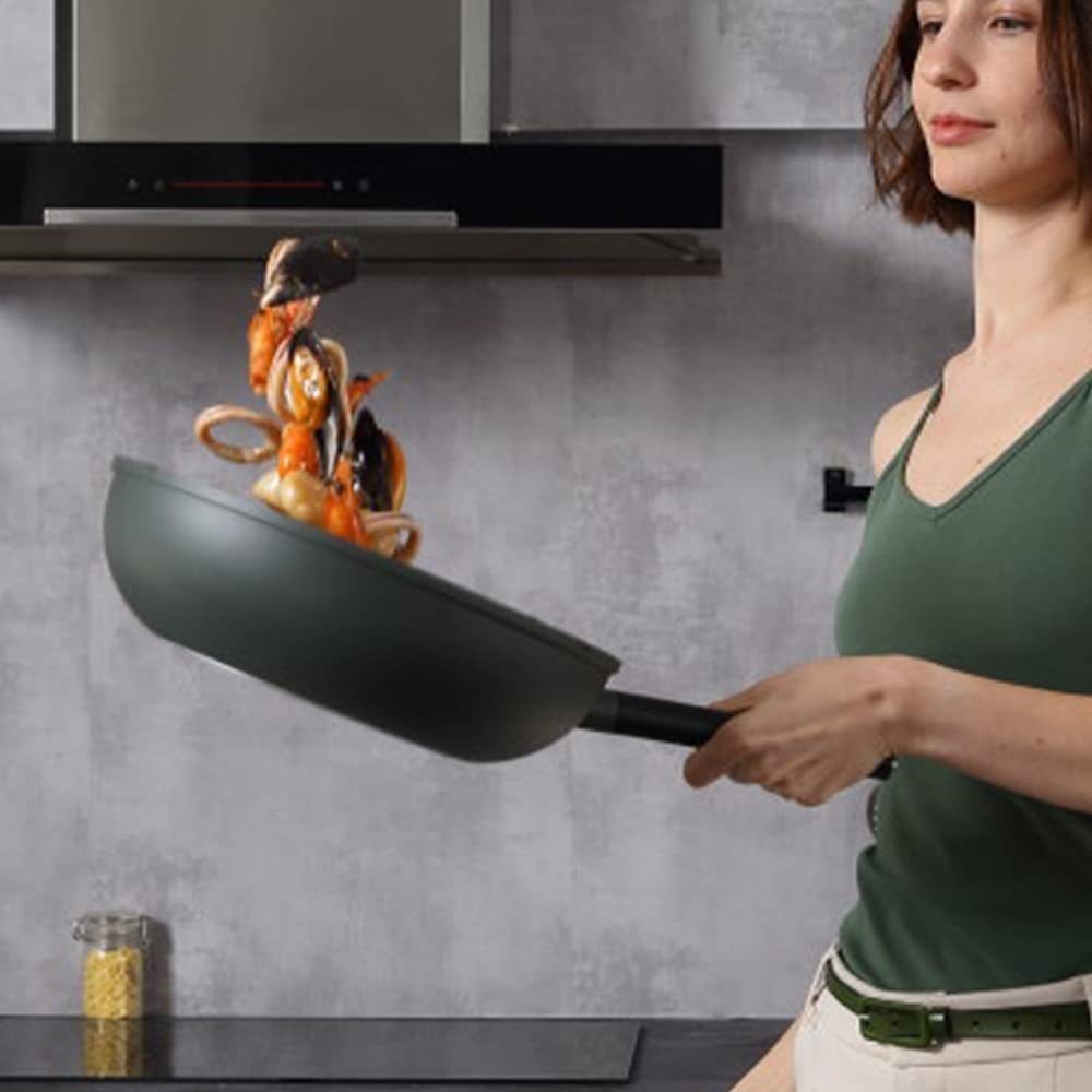 Wok Patelnia do smażenia z pokrywką, nieprzywierająca patelnia Woks, 100% powłoka wolna od PFOA, nieprzywierająca patelnia do gotowania, kompatybilna z indukcją, czarna (rozmiar: 28 cm)