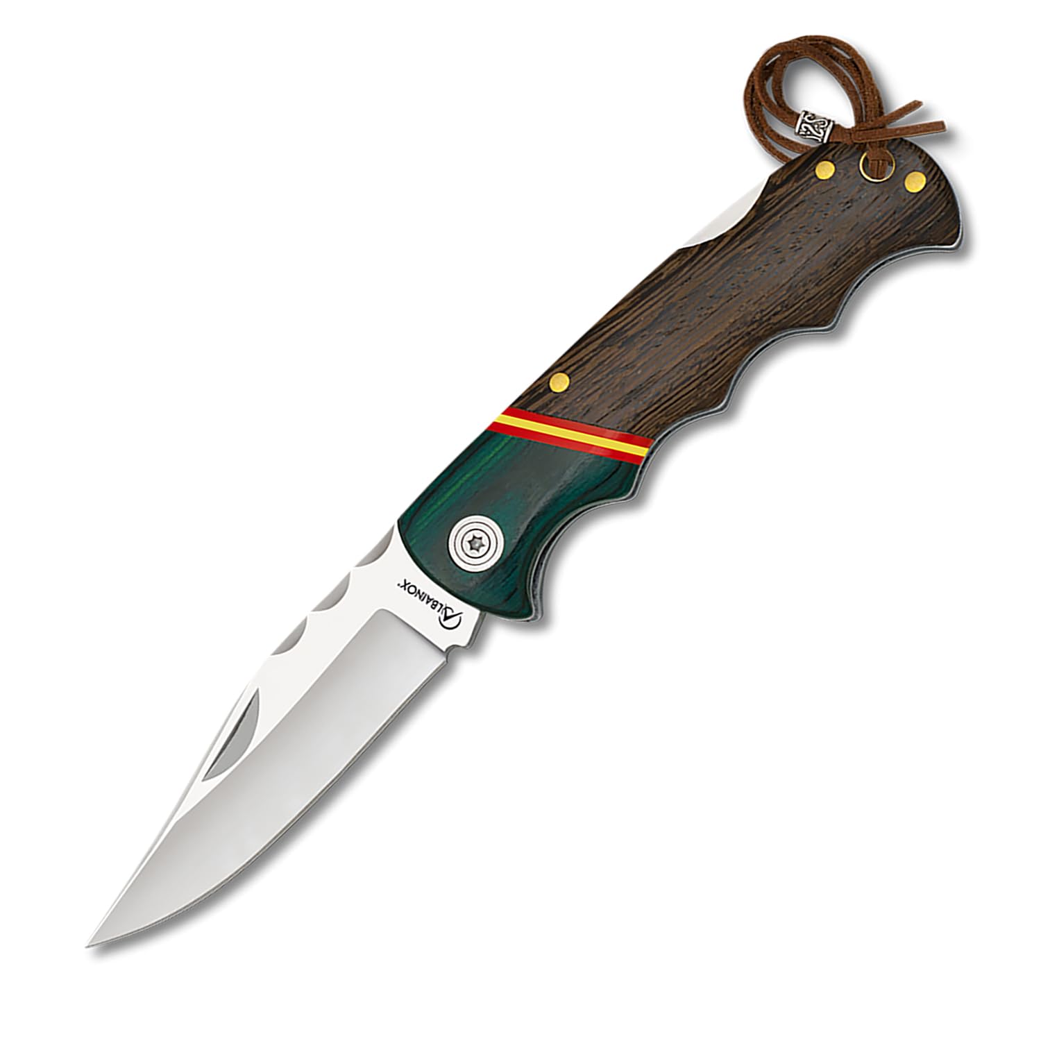 Tiendas LGP - Albainox - Navaja Bandera de España, Acero INOX. Hoja de 9 cm. Plegable Mango en Madera de Stamina mixta Verde y Roja, Incluye cordón de polipiel y detalle metálico. Campig Caza, 18840