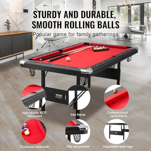 Image of VEVOR Folding Pool Table,Portable Billiards Tables, Foldable Space-Saving Entertainment Game Set Includes Ball, Cue, Rack, Chalk, Brush, Brown with Bule Cloth, for Family Use, Recreation Room