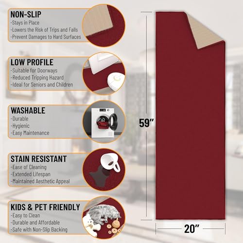 Machine Washable Modern Solid Design Non-Slip Rubberback 2x5 Traditional Runner Rug for Hallway, Kitchen, Bedroom, Entryway, 20" x 59", Red - Image 3