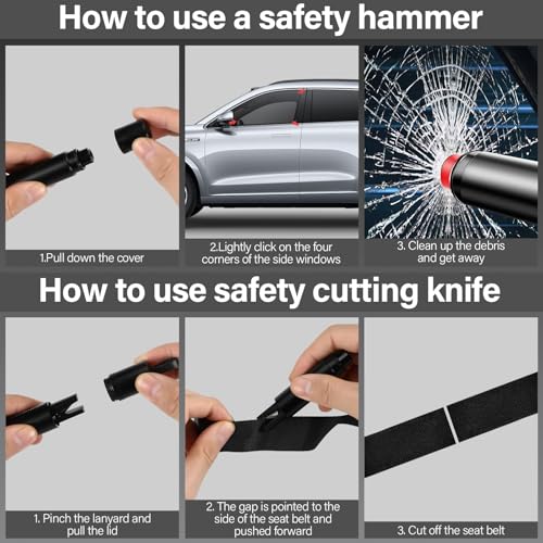 Zikenis 2 Stück Auto Sicherheitshammer,Multifunktional Gurtschneider Notfallhammer,2 In 1 Gurtschneider Notfallhammer,Glasbrecher Auto Essentials,Notfallhammer fürs Auto,Bus(Schwarz + Rot)