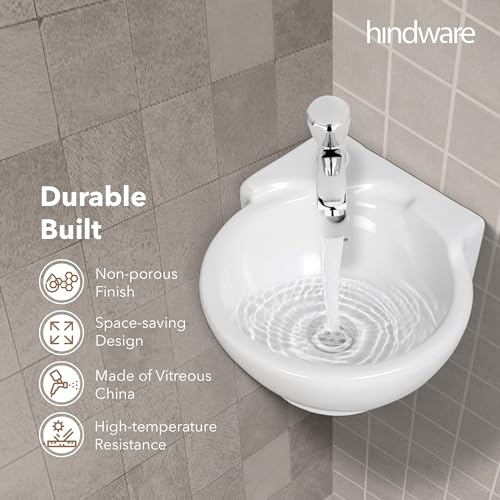 Image of Hindware Classic Corner Wall Hung Wash Basin for Bathroom | Made of Ceramic | Star White | Compact Design
