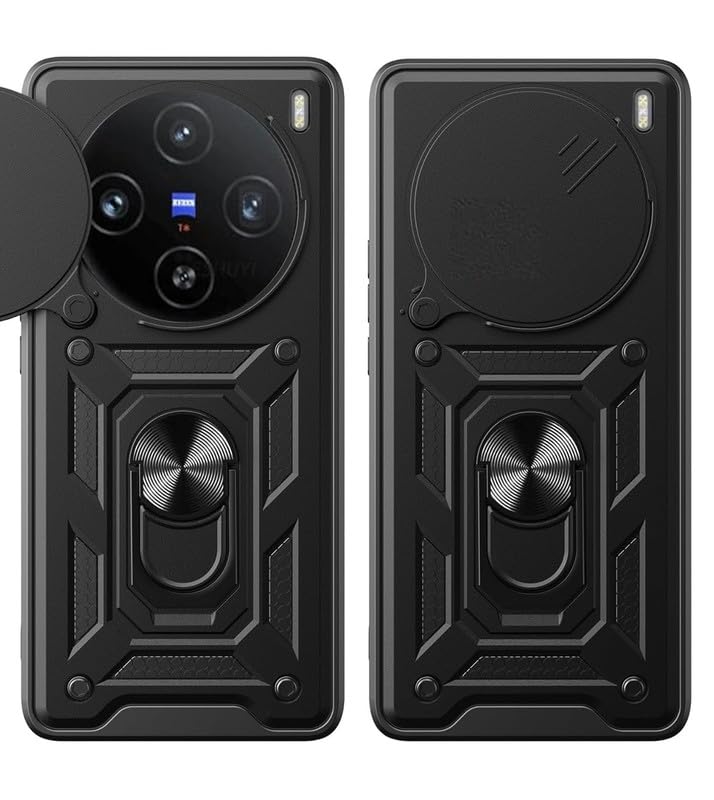 FirstChoice Robot Shutter Case Hard Ring Case, Silicone TPU Shockproof Tough Armour Hard Phone Cover for Vivo X100 Pro - Black (Sliding Camera Window)