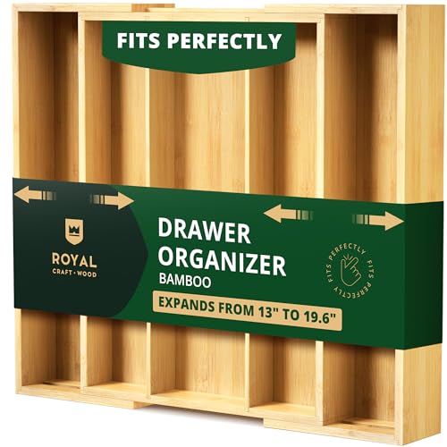 ROYAL CRAFT WOOD Luxury Bamboo Kitchen Drawer Organizer – Silverware Organizer – Utensil Holder and Cutlery Tray with Grooved Drawer Dividers for Flatware and Kitchen Utensils (5 Slot, Natural)
