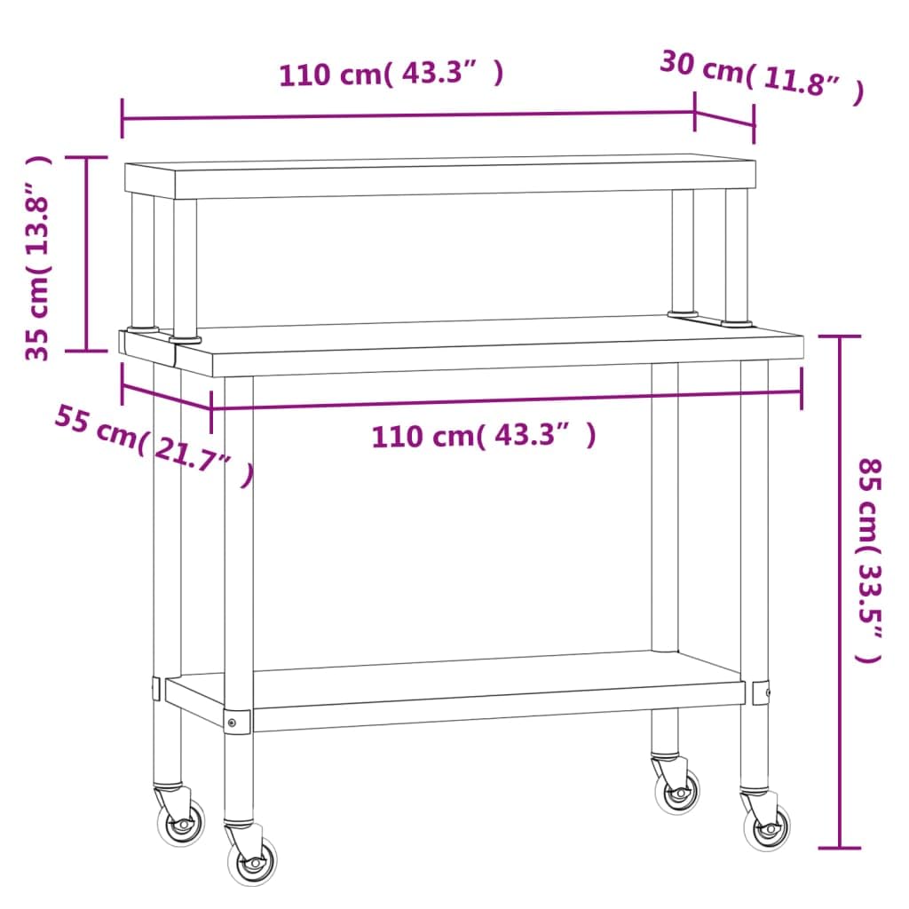Tavolo da lavoro da cucina con ripiano, 110 x 55 x 120 cm, in acciaio inox, per gastronomia, professionale, con ruote e ripiano, per ristoranti, bar, catering e uso commerciale