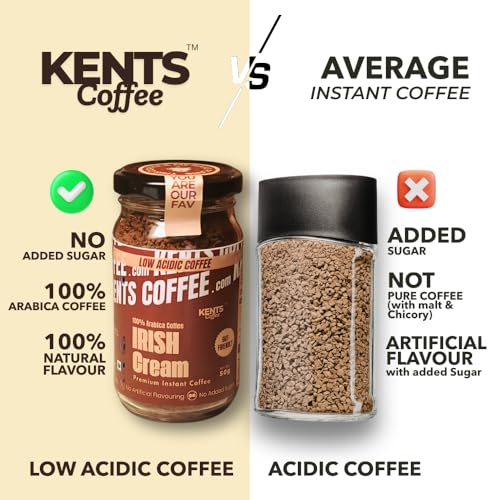 Image of Kents Coffee Irish Cream Instant Coffee 50g Jar | LOW ACIDIC COFFEE | Tiramisu Strong & Flavoured | 100% Arabica Coffee | No Chicory, No Malt | Hot & Cold | Tiramisu Flavour | 100% Pure Chikmangalur Powder | NO SUAGR
