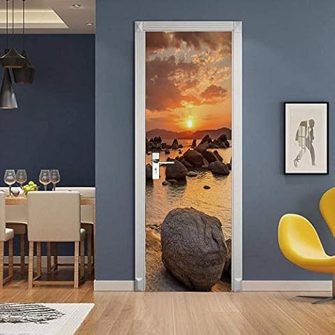 3D Interior Door Stickers Self-Adhesive Wall Murals - Sunset - Door Decals Peel and Stick Vinyl Waterproof Door Wallpaper 35.5 x 78.7 inch Cover