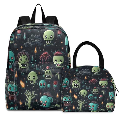 Zombies Pattern Kids Backpack Set with Lunch Box for Boys Girls School Bag Elementary Middle High School