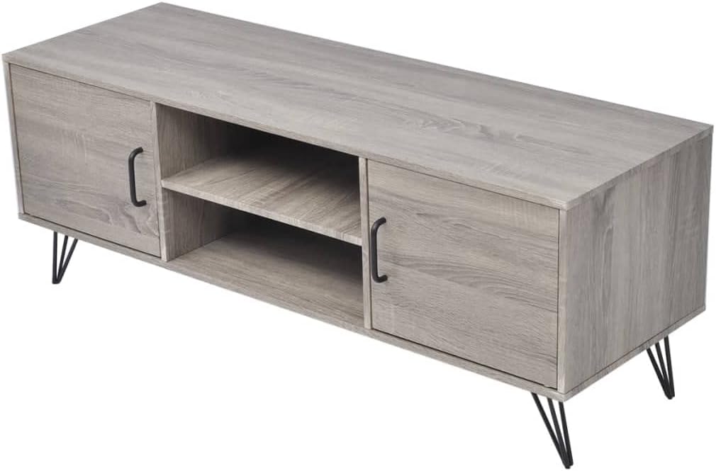 vidaXL - Modern Farmhouse-Style TV Cabinet, Gray - Quality MDF Material with PVC Cover & Metal Frame - Ample Storage Space with 2 Open Shelve & 2 Compartments - Cable Outlets for Organized Setup