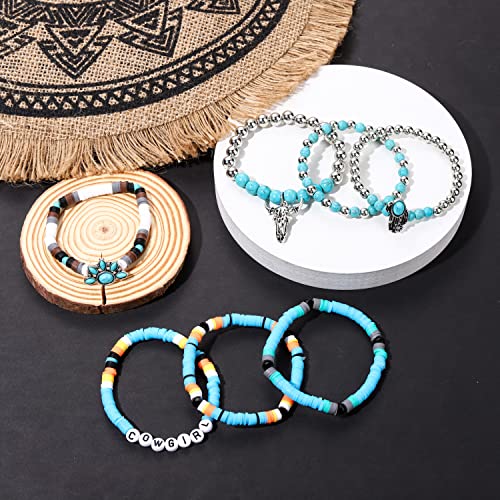 BVGA Western Cowgirl Turquoise Beaded Stretch Bracelets Preppy Heishi Bracelets Set Aztec Turquoise Bull Head Cow Cactus Flower Charm Bohemian Stackable Bracelets Y2K Summer Beach Layering Bracelets Jewelry for Women3