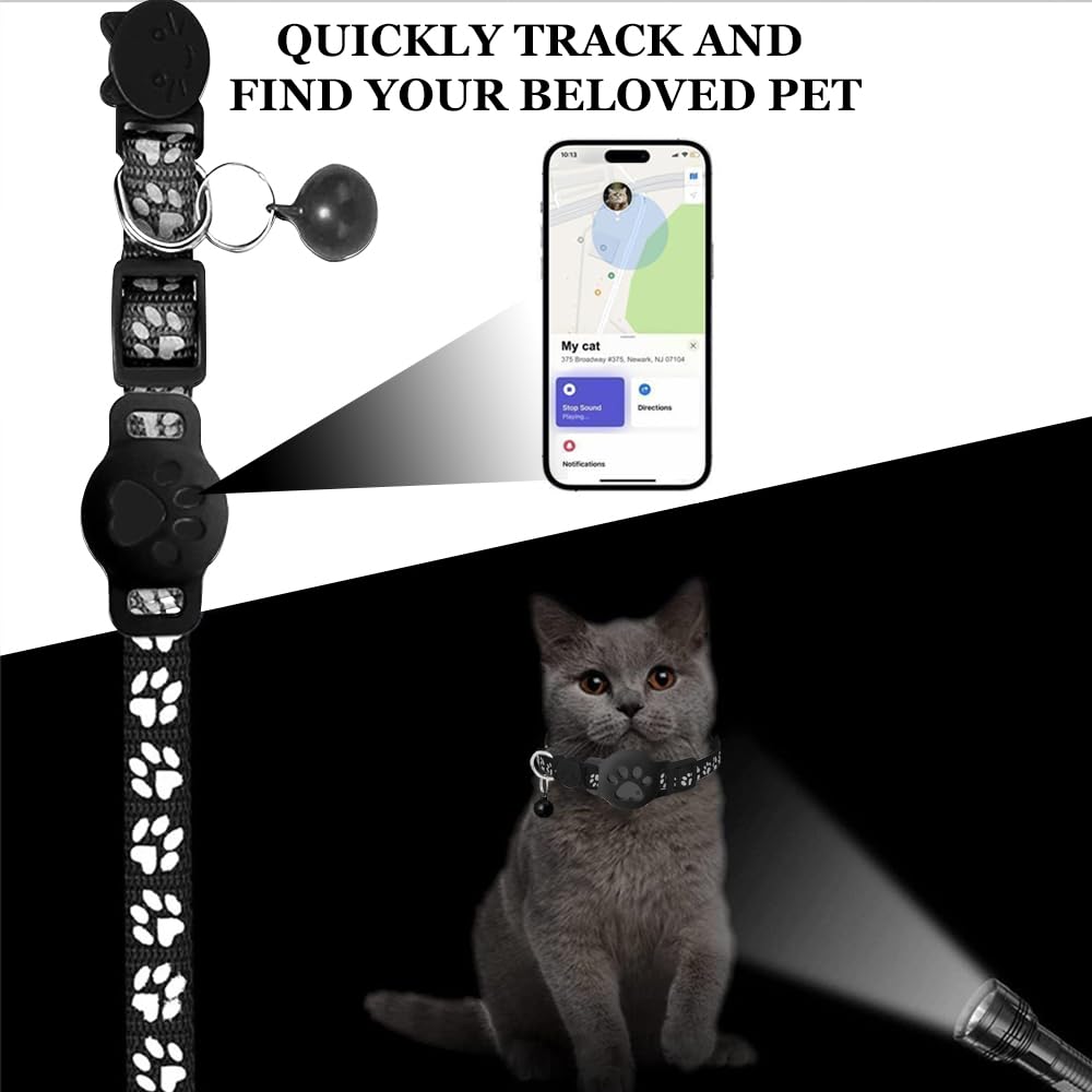 Localizzatore per Gatti, Tracker Collare per gatti, Design impermeabile e regolabile con strisce riflettenti, compatibile con dispositivi Apple e Android (nero)
