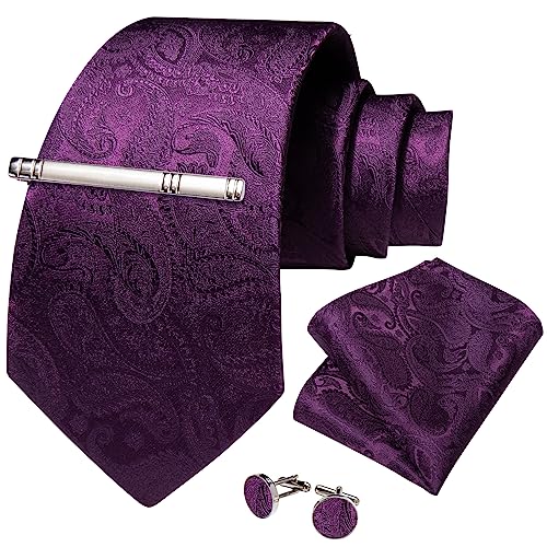 Image of DiBanGu Paisley Ties for Men Silk Necktie and Pocket Square Cufflinks Tie Clip Set Woven Classic Mens Tie for Wedding Party