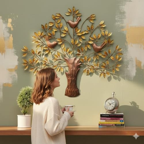 Image of Bharat Art Metal Iron 3 Bird Tree Golden Decorative Wall Art /Wall Sculpture for Home, Living Room, Bedroom, Hotels, Office, Cafe etc. - Multicolor (30 x 1 x 30 Inch)