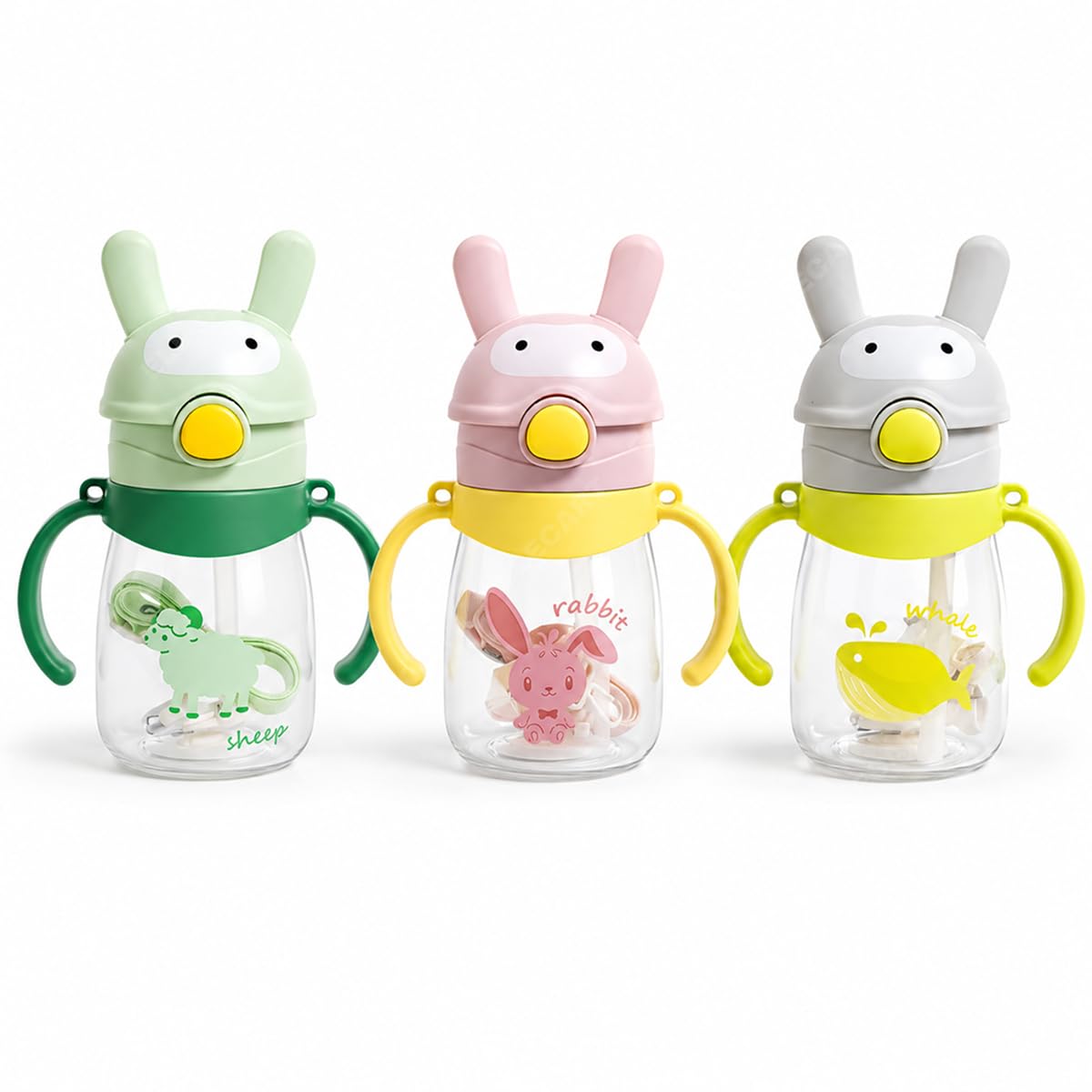 Baby Sipper Cup with Straw | 400ml BPA-Free Leakproof Water Bottle for Babies & Toddlers | Double Handle Training Cup with Flip Lid | Cute Rabbit Sippy Cup for Kids (Pack 1 Random Colour)-image-2