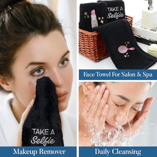 Image of DAN River Black Makeup Towels - Pack of 6 (13x13 in) - Ultra Soft Cotton Face Towels with Embroidery - Reusable, Quick-Dry & Machine Washable Makeup Remover Cloths for Bathroom, Spa & Salon