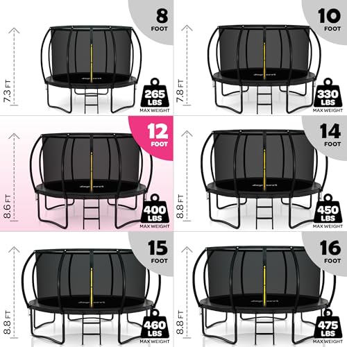 Image of JoyBerri Upsurge Trampoline Outdoor - ASTM Certified Safe 8Ft 10Ft 12Ft 14Ft 15Ft 16Ft Recreational Trampoline for Kids and Adults. Anti-Rust Coating with Enclosure Net, Ladder, Sprinkler & LED Lights