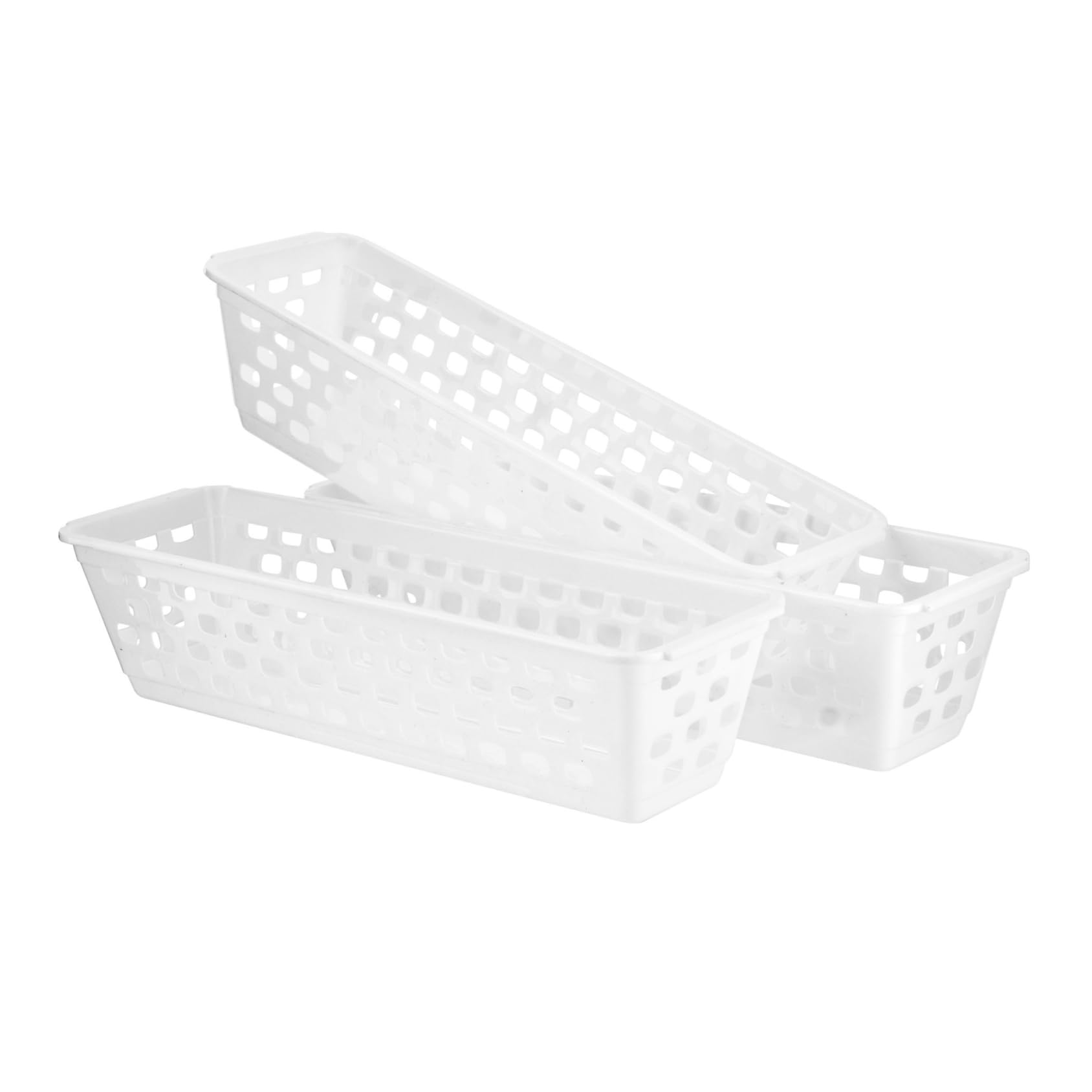 HOMESHOPA White Long Rectangular Storage Baskets, 3 Pack Small Plastic Handy Organiser Bin, Multipurpose Home Kitchen Utility Room Cabinet & Shelf Narrow Boxes