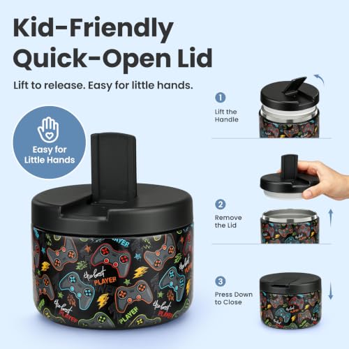 Image of Pawtong 12oz Insulated Vacuum Food Jar with Buckle Lid Wide Mouth Soup Thermo for Hot Food Kids Leakproof Stainless Steel Lunch Container (Black-Game)