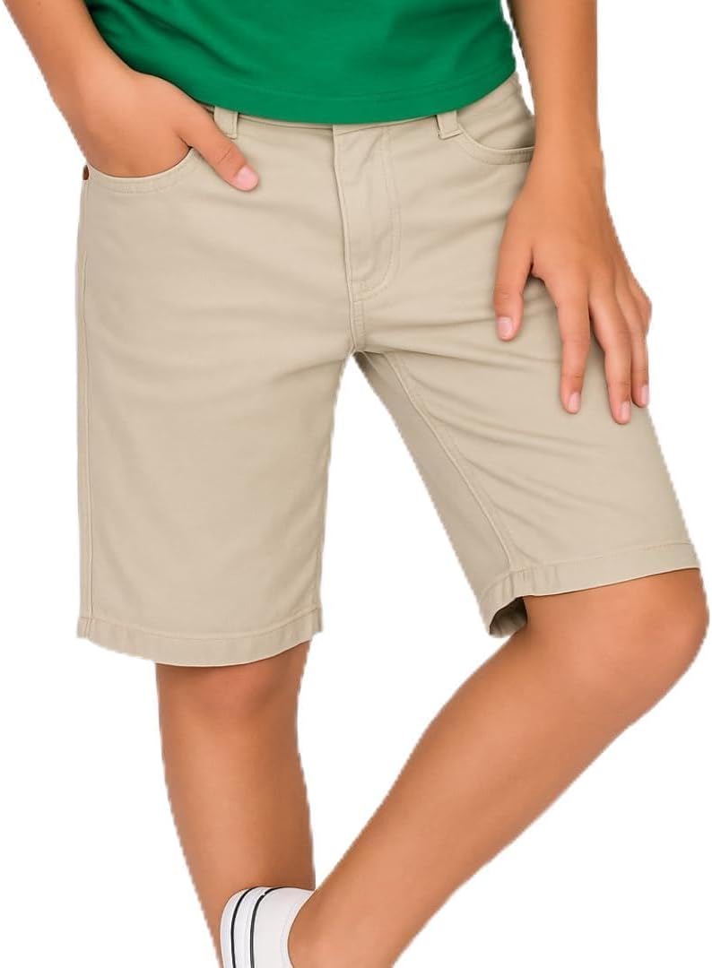 Bermuda Jeans Sarja Masculina Infantil Menino, Cores Branca, Areia e Marrom, com Lycra, 3 Bolsos Frontais, Tamanhos 8-16 Anos