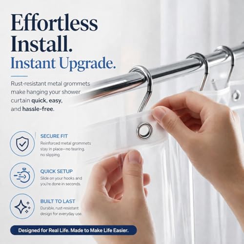 Image of EHZNZIE Crystal Clear Shower Curtain Liner 54x78, PEVA Waterproof Bath Curtain, No Chemical Smell, Weighted Magnets, Durable with Rustproof Metal Grommets