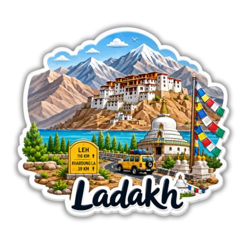 Image of Ladakh Theme Souvenir Wooden Fridge Magnet for Refrigerator - Printed Fridge Magnet for Kitchen & Fridge Decor | Perfect Souvenir Gift | Fridge Decoration | Size 3x3 Inches | Pack of 1