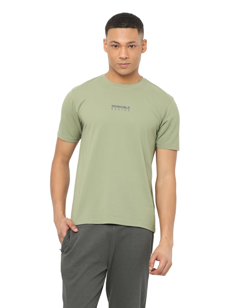 Nektar Olive Monotone Graphic Typography Print Ultra Soft Micro Pique 4 Way Stretch Solid Crew Neck Outdoor Tshirt