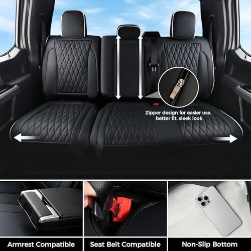 Image of Coverado Premium Leather Full Set Seat Covers Waterproof Heavy-Duty Protectors Custom Fit for Ford F150 (2015-2026) F250 /F350 /F450 (2017-2026)-Black w /White Stitching, Wear-Resistant
