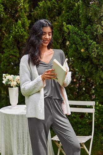 Image of Ekouaer Womens 2 Pack Pajama Set Long Sleeve Pajamas Top and Pants V Neck Pjs Set Soft Sleepwear Loungewear
