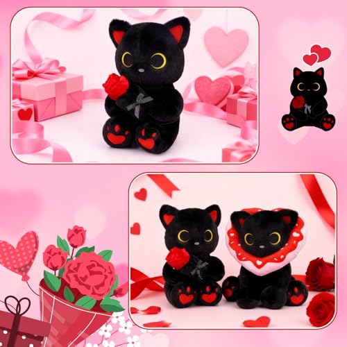 Image of Black Cat Plush with Rose- 8 inch Kawaii Stuffed Cat Gifts for Women Cute Stuffed Animal for Kids & Adults, Mother Day Mom Birthday Wedding