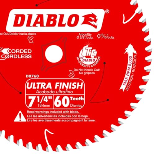 Image of Diablo Ultra Finish Carbide Circular Saw Blade - Ideal for Crosscuts and Rip Cuts in Wood and Plywood - 7-1 /4 inch Diameter, 60 ATB Teeth, 8,000 Max RPM - D0760X