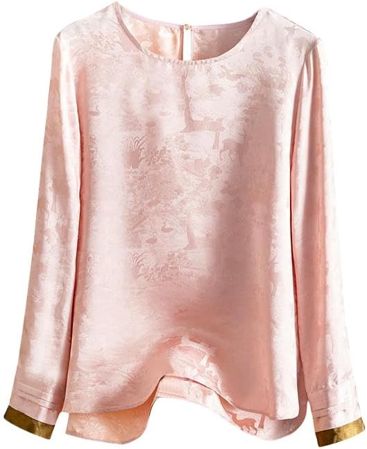 Women's Silk Jacquard Color Block Blouse Spring Round Neck Versatile Mulberry Silk Long Sleeve Top