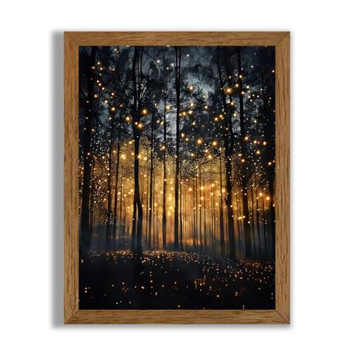 JLTULT Framed Enchanted Forest Firefly Canvas Wall Art, Dark ​Twilight Landscape Wall Decor, Rustic Botanical Nature Tree Art Prints for Bedroom Living Room Office Decoration 8x10 inch Easy to Hang