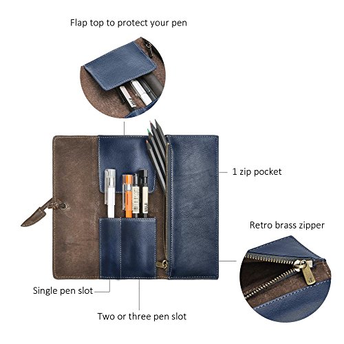 Image of ZLYC Handmade Leather Pencil Case Soft Roll Bag Stationery Gift,Blue | multi slot pen storage design,school class daily use,office desk organizer,graduation holiday gift,foldable portable size