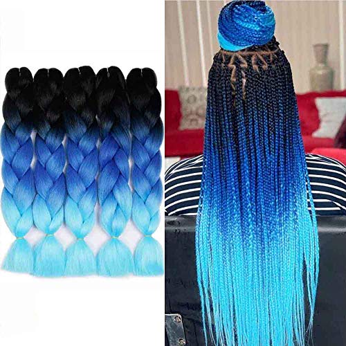 AIDUSA Ombre Colors Braid Kanekalon Hair 5pcs Synthetic Afro Braiding Hair Extensions 24 Inch for Women Hair 3 Tone Twist Crochet Braids 100g (#48 Black to Blue)