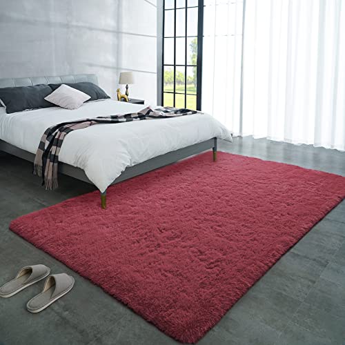 Lochas Ultra Soft Indoor Modern Area Rugs Fluffy Living Room Carpets For Children Bedroom Home Decor Nursery Rug 4X5.3 Feet, Burgundy #TOP1