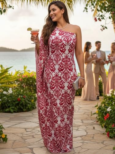 Image of KOH KOH Womens Long One Shoulder Hawaiian Flower Print Cocktail Maxi Dress