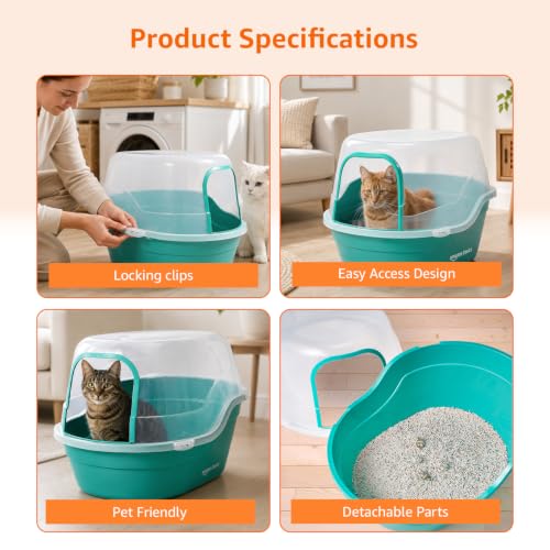 Image of Amazon Basics Semi Enclosed Cat Litter Box | Large Litter Tray | Easy Clean Cat Washroom for Indoor Cats | Green & Transparent | 42 X 49 X 63 cm | Suitable for Kittens & Adult Cats