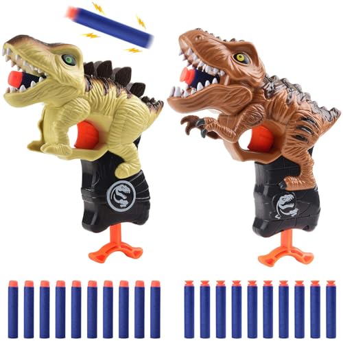 Product Image of the 2 Pack Dinosaur Gun Toys for Toddlers Boys 3 4 5 6 7 Year Old Birthday Gifts Valentines Easter Christmas Stocking Stuffers, Small Dino Blaster Shooting Game with Soft Foam Darts Compatible with Nerf