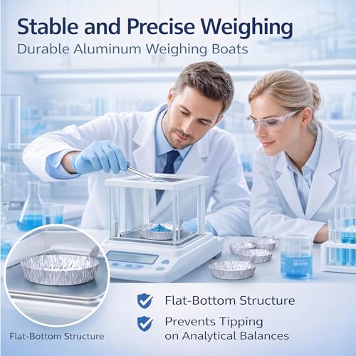 Image of 250 Pcs Aluminum Foil Weigh Boats Multi-Size (50L, 100M, 100S), Disposable Sample Pans with Handle for Lab Moisture Analyzers, Analytical Balance, Epoxy Resin, Powder & Liquid Weighing