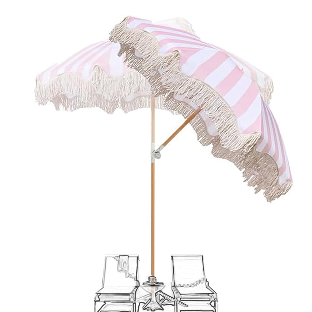 Sombrilla de playa de 6.5 pies con borlas blancas, sombrilla bohemia para patio, piscina al aire libre, jardín, mercado, inclinación de 180°