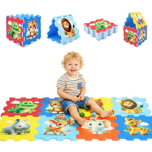 HONEY JOY Foam Floor Tiles for Kids, 12” x 12” EVA 8-Piece Interlocking Baby Soft Puzzle Play Mat w/Animals & Numbers, Non-Slip Large Carpet Rug, for Baby Crawling Exercise (Animals)