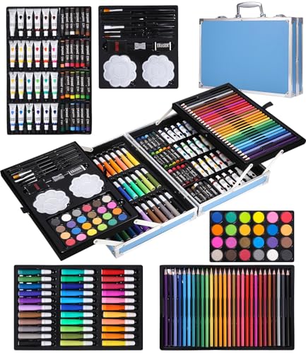 SOBEAU Maleta de Pinturas para Crianças, 144 peças de Conjunto de Pinturas, Pintura Acrílica, Lápis de Cores, Pastéis, Kit de Pintura para Crianças e Adultos
