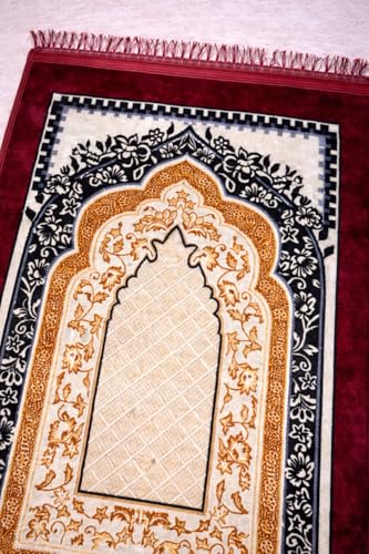 Image of Janamaz Prayer Mat Turkey Soft Velvet | Namaz Mat, Janimaz Namaz Aasan, Islamic Prayer Rug for Salah | 70x110 CM (Printed Red)