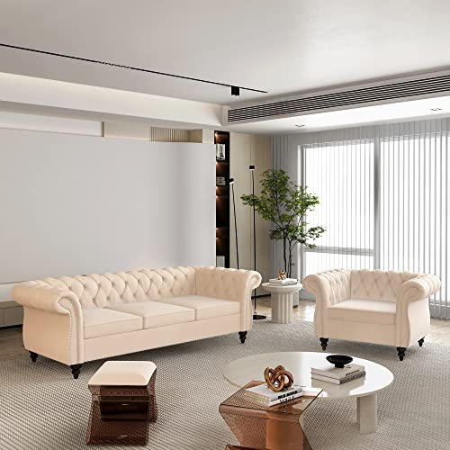 Image of ORRD 2 Piece Living Room Set, Velvet Chesterfield Sofa Couch Chair with Scroll Arms and Nailhead for Living Room, Office (Beige)