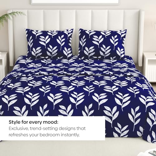 Image of Rivermoor 200 TC Ultrasoft Cotton Bedsheet for Double Bed | Queen Size Bed Sheet with 2 Pillow Covers | Navy Floral Print | 88 x 96 Inches | Breathable & Hypoallergenic
